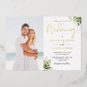 Rustic Greenery Monogram Foto Wedding Gold Folieneinladung (Vorderseite)