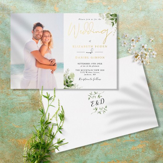 Rustic Greenery Monogram Foto Wedding Gold Folieneinladung
