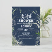 Rustic Greenery Navy Blue Brautparty Einladung (Stehend Vorderseite)