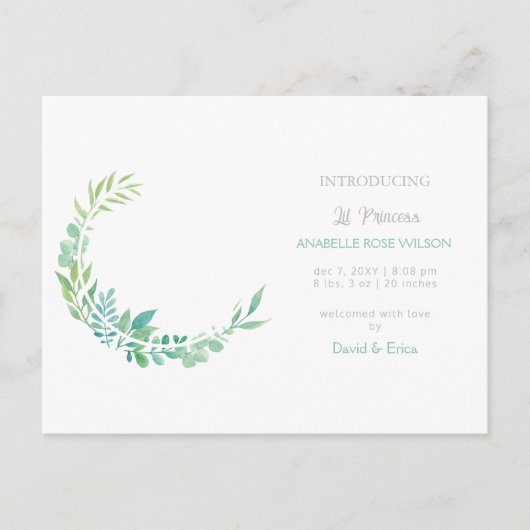 Rustic Greenery New Baby Foto Geburtserklärung Ankündigungspostkarte (Vorderseite)