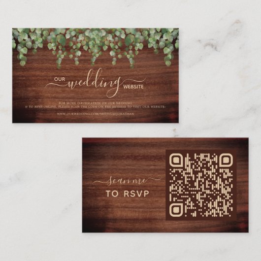 Rustic Greenery QR Code Wedding Website RSVP Card Visitenkarte (Vorne/Hinten)