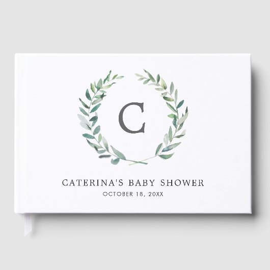 Rustic Greenery Wreath Monogram Baby Shower Gästebuch (Vorderseite)