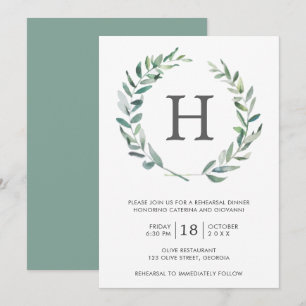 Rustic Greenery Wreath Monogram Rehearsal Dinner Einladung