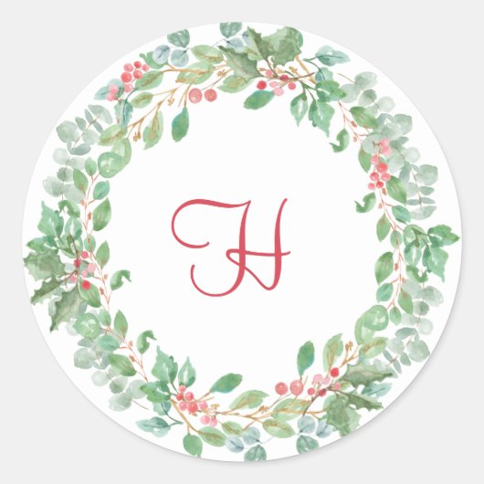 Rustic Greenery Wreath Red Monogram Christmas Runder Aufkleber (Vorderseite)