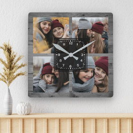 Rustic Grey Wood 4 Pictures Family Photo Collage Quadratische Wanduhr