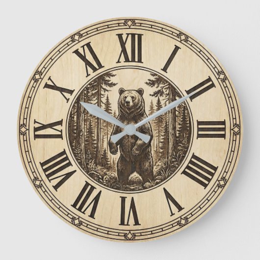 Rustic Grizzly Bear Wall Clock | Wood Style Große Wanduhr (Vorderseite)