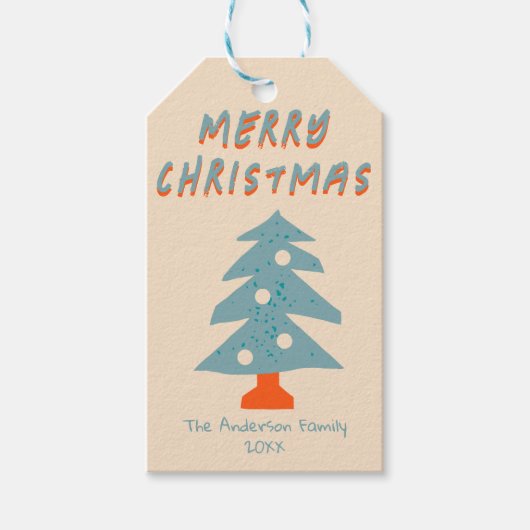 Rustic Hand Drawn Blue Christmas Tree Funky Geschenkanhänger (Vorderseite)