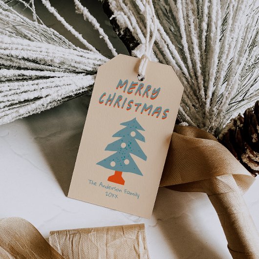 Rustic Hand Drawn Blue Christmas Tree Funky Geschenkanhänger