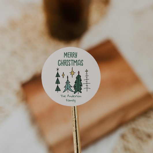 Rustic Hand Painted Green Abstract Christmas Trees Runder Aufkleber