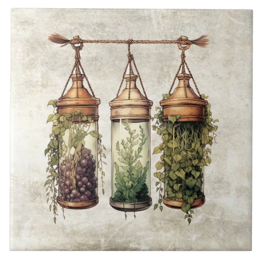 Rustic Hanging Herbs Grapes Watercolors Fliese (Vorderseite)