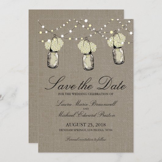 Rustic Hanging Mason Jar Hydrangea Save the Date (Vorne/Hinten)