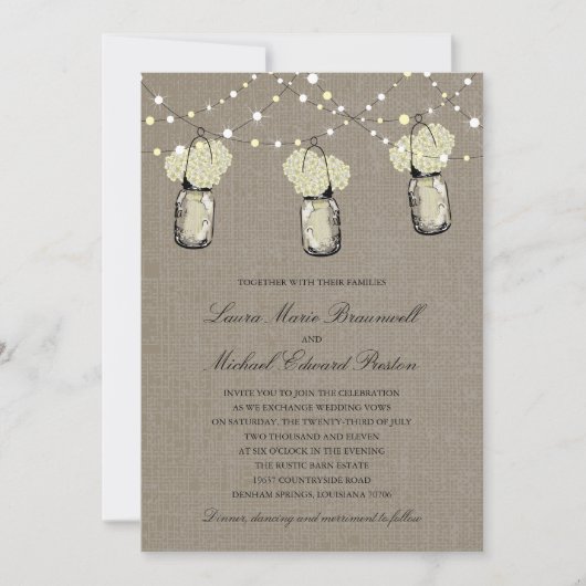 Rustic Hanging Mason Jar Hydrangea Wedding Einladung (Vorderseite)