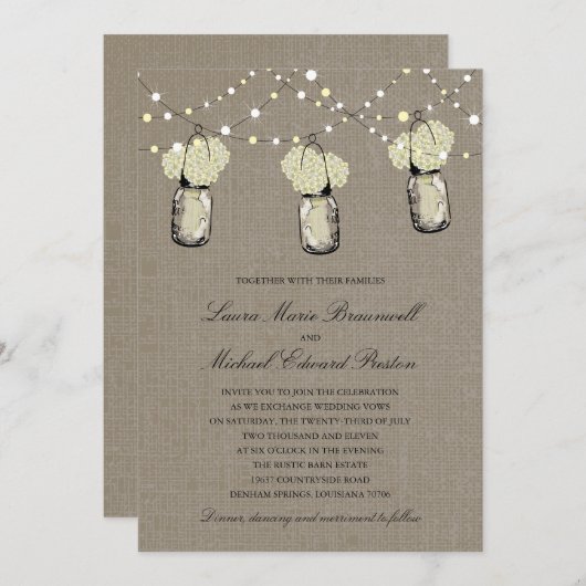 Rustic Hanging Mason Jar Hydrangea Wedding Einladung (Vorne/Hinten)