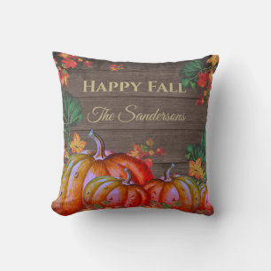 Rustic Happy Fall Orange Pumpkin Herbstlaubs Wood Kissen