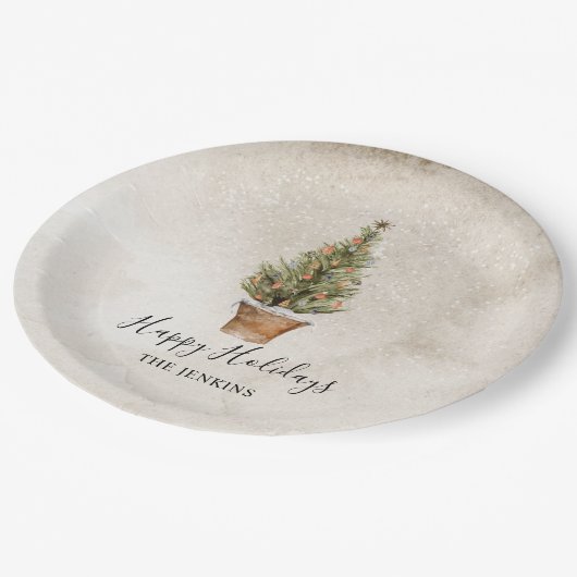 Rustic Happy Holidays Weihnachtsbaum Pappteller (Schrägansicht)
