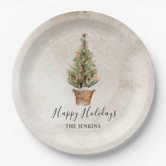 Rustic Happy Holidays Weihnachtsbaum Pappteller (Vorderseite)