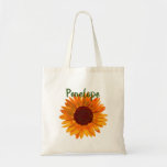 Rustic Happy Sunflower Tragetasche<br><div class="desc">Rustic Happy Sunflower with Name Bridesmaid Tote Bag A sweet minimalist design for your bridal party. Personalize it with their name. The artwork feature a rustic yellow orange sunflower and the text in green script with the name on the front and the title bridesmaid on the back. Perfekt for summer...</div>