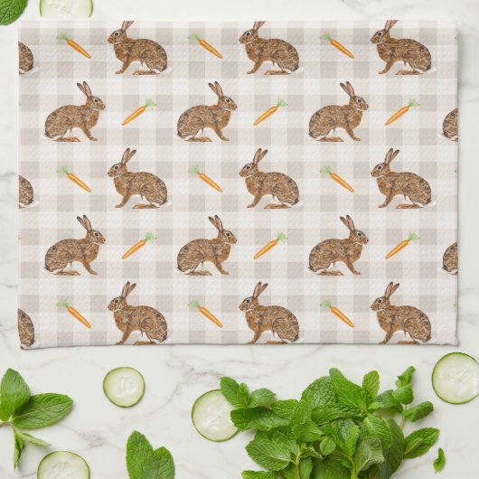 Rustic Hare And Carrot Pattern Beige Farmhouse Geschirrtuch (Gefaltet)