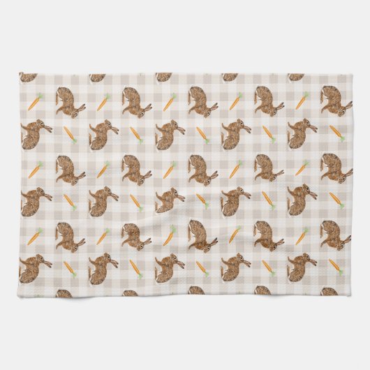 Rustic Hare And Carrot Pattern Beige Farmhouse Geschirrtuch (Horizontal)