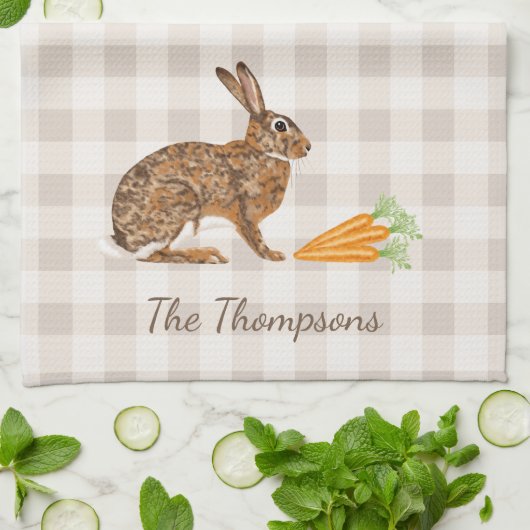 Rustic Hare And Carrots With Name Beige Gingham Geschirrtuch (Gefaltet)