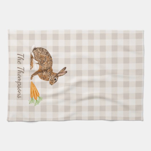 Rustic Hare And Carrots With Name Beige Gingham Geschirrtuch (Horizontal)