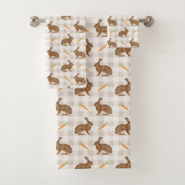 Rustic Hares And Carrots Beige Gingham Pattern Badhandtuch Set