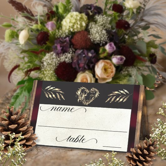 Rustic Heart & Monogram - Burgunderrot Platzkarte