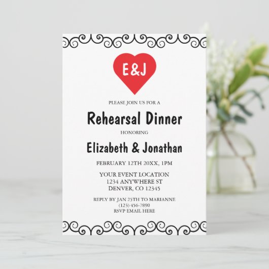 Rustic Heart Monogram Probe Dinner Einladung (Stehend Vorderseite)