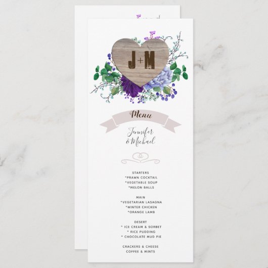 Rustic Heart Wedding Menu Blaue Aquarellfarben Blu Einladung (Vorne/Hinten)