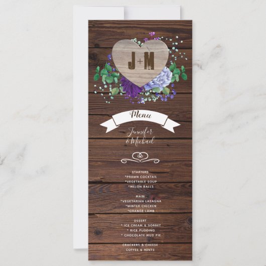 Rustic Heart Wedding Menu Blaue Aquarellfarben Blu Einladung (Vorderseite)