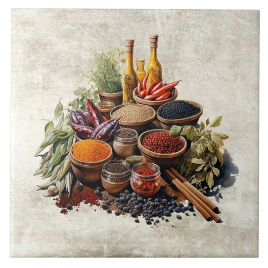Rustic Herbs Spices in Watercolors Fliese (Vorderseite)