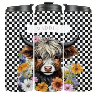 Rustic Highland Cow Floral Checkered Tumbler Mug Thermosbecher