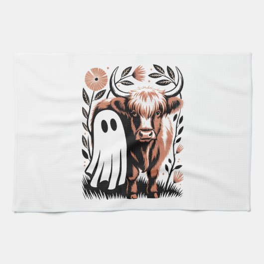 Rustic Highland Cow Ghost Halloween Geschirrtuch (Horizontal)