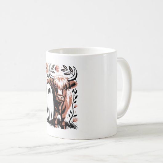 Rustic Highland Cow Ghost Halloween Kaffeetasse (VorderseiteRechts)