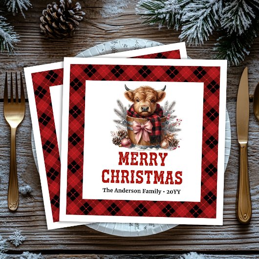 Rustic highland cow holiday napkins buffalo plaid serviette