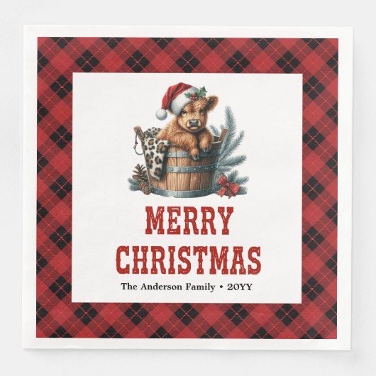 Rustic highland cow red black plaid Xmas napkin Serviette (Vorderseite)
