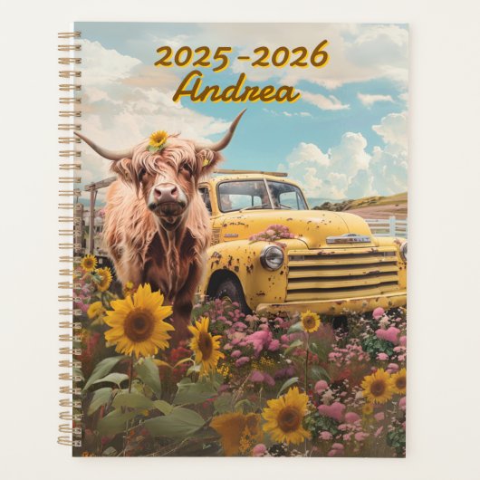 Rustic Highland Cow Vintage Truck Sunflowers  Planer (Vorderseite)