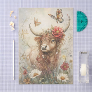 Rustic Highland Cow With Butterfly Decoupage Seidenpapier