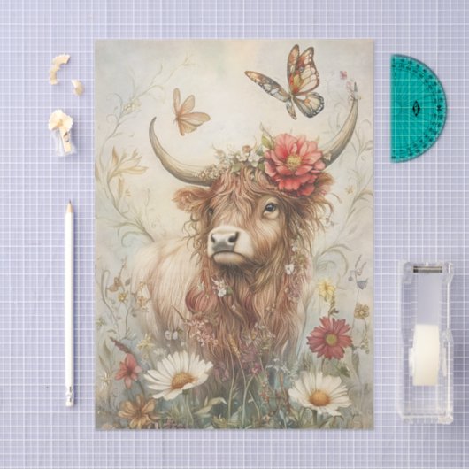 Rustic Highland Cow With Butterfly Decoupage Seidenpapier (Handwerk)