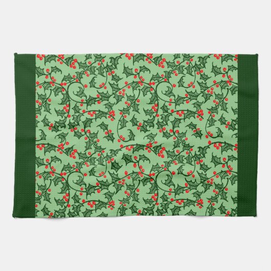Rustic Holly and Berry Holiday Pattern on Green Geschirrtuch (Horizontal)