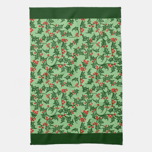 Rustic Holly and Berry Holiday Pattern on Green Geschirrtuch (Vertikal)