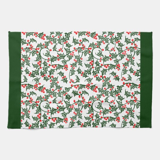 Rustic Holly and Berry Holiday Pattern on Green Geschirrtuch (Horizontal)