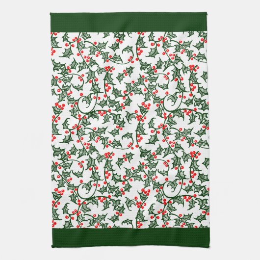 Rustic Holly and Berry Holiday Pattern on Green Geschirrtuch (Vertikal)