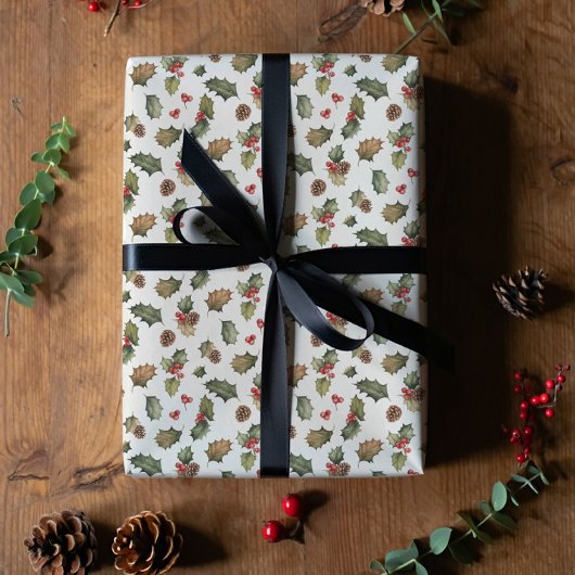 Rustic holly and pine Christmas  Geschenkpapier