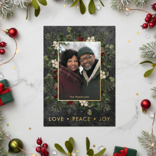 Rustic Holly Berries Black Christmas Liebe Peace Folien Feiertagskarte