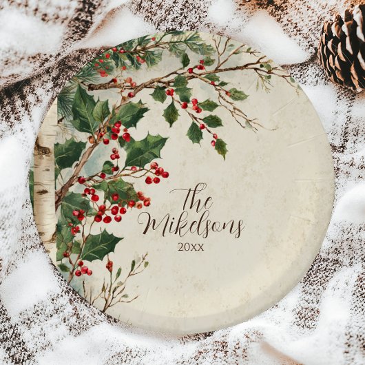 Rustic Holly Berry Christmas Party Pappteller