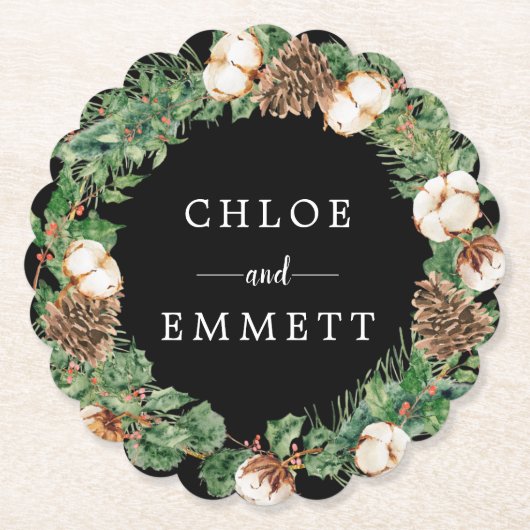 Rustic Holly Pine Wreath Wedding Paper Untersetzer (Vorderseite)