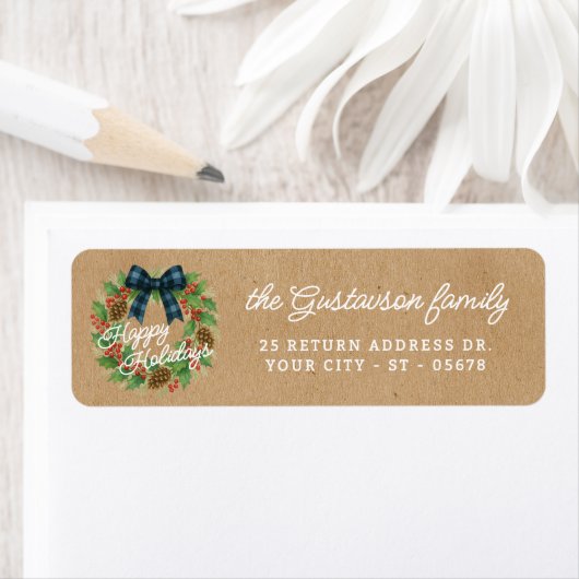 Rustic Holly Wreath Blue Checkered Bow (Insitu)