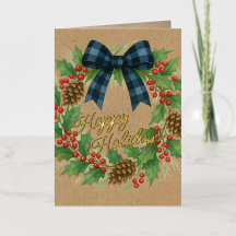 Rustic Holly Wreath Blue Checkered Bow