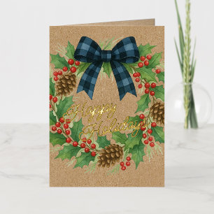 Rustic Holly Wreath Blue Checkered Bow